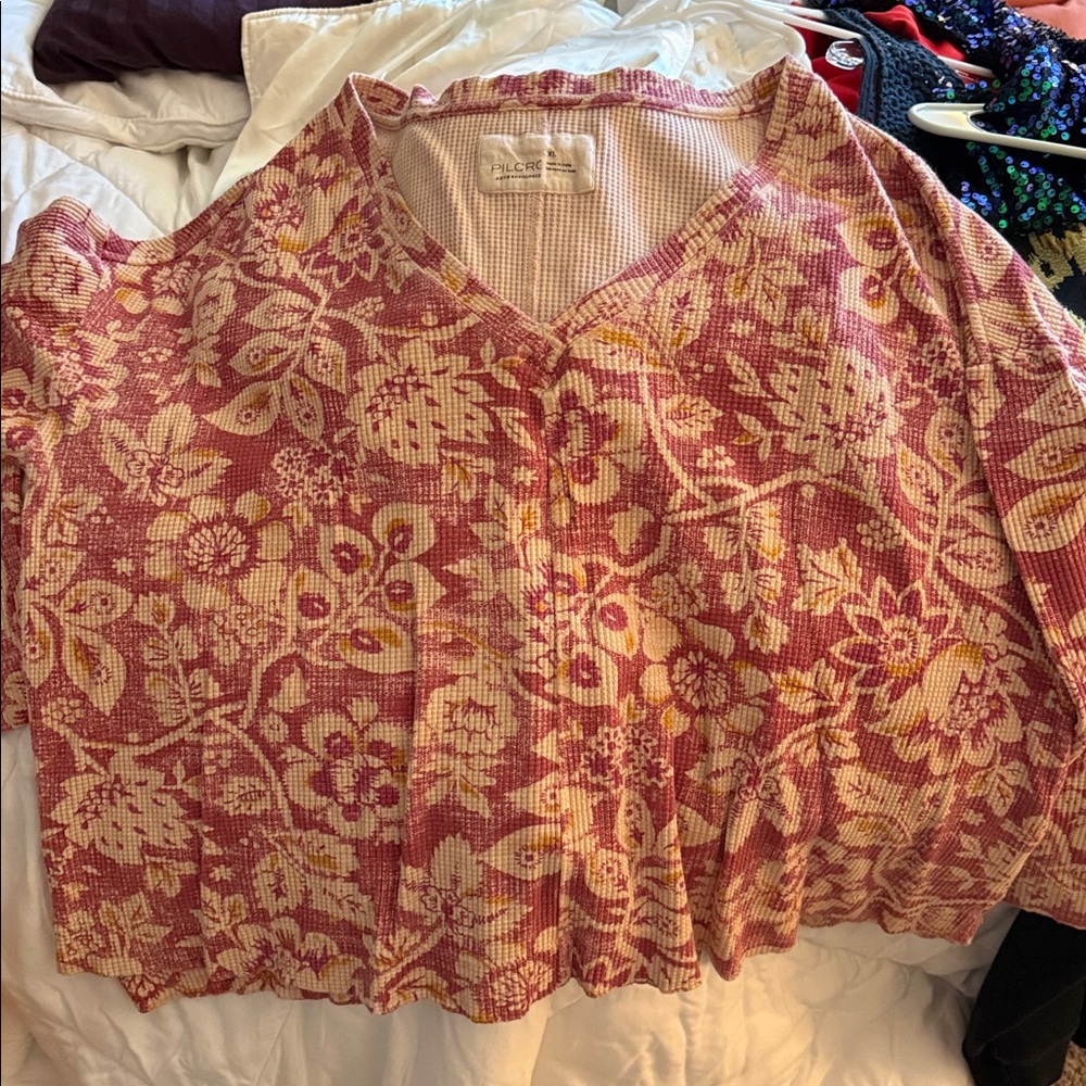 Anthropologie Pilcro Moira Oversized Boho Floral Waffle Thermal Pullover Size xl
